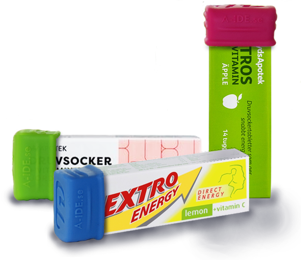 Dextrosol, Dextro Energy and other brands of dextros (druvsocker, glyckos) with DextroTop. Fits different brands as long it'is the right size.